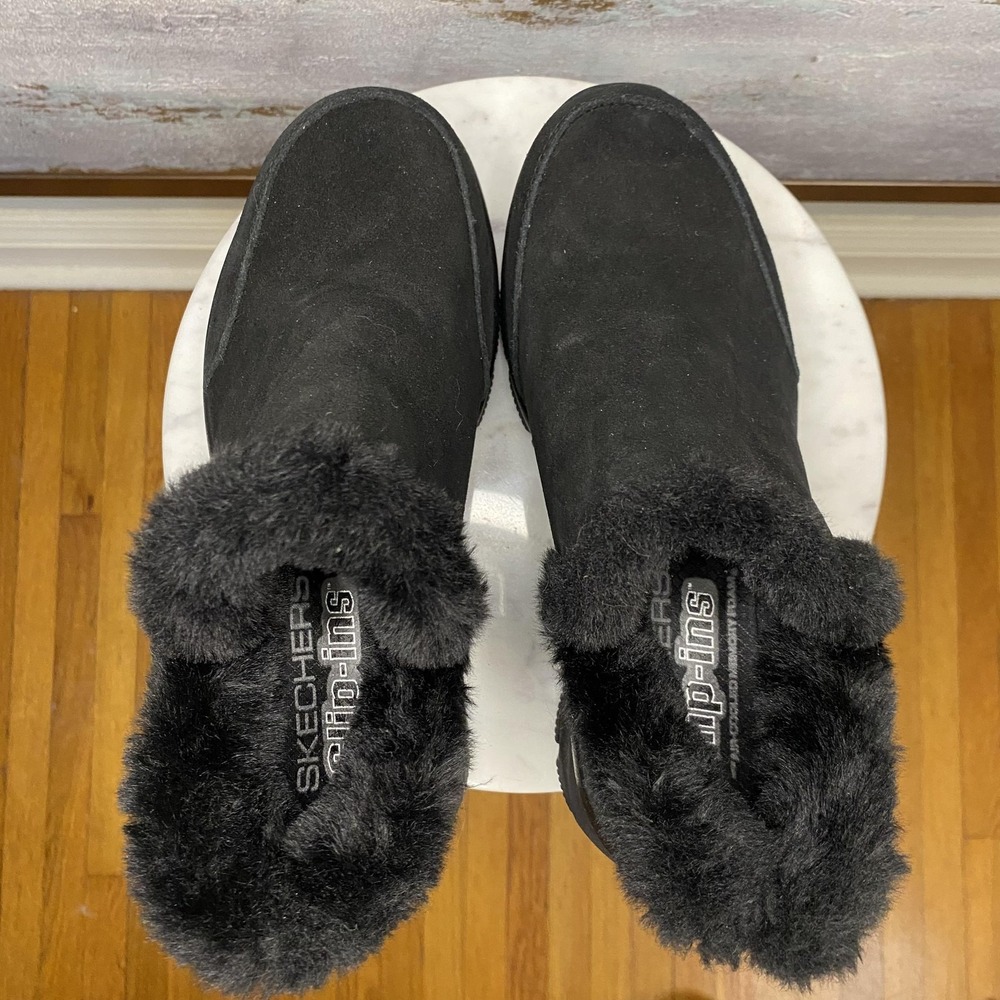 Skechers Slip-ins Shoes Womens Size 6 Black Leather Faux Fur Water Repellant - Picture 7 of 10